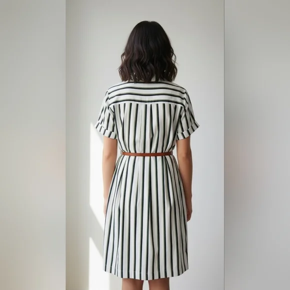 Ted Baker London White, Green And Black Striped Pockets Shirt Dress Size 1,  4 US